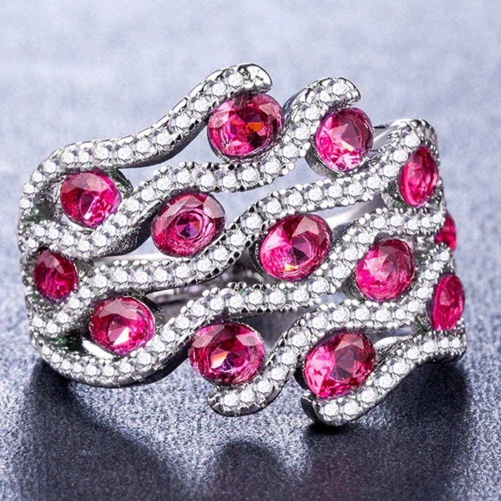 🍂   925 Silver Plated Stylish Red CZ Diamond Ring, FB16FA1103